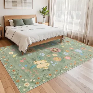 Floral 8x10 Large Area Rugs for Living Room, Ultra-Thin Soft Boho Flower Carpet Rug, Green