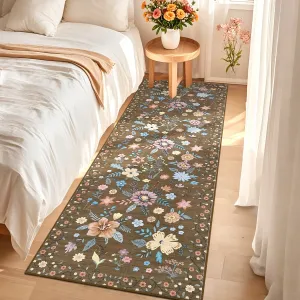 Floral Runner Rug 2x6 Washable Non Slip Kitchen Hallway Bedroom Brown Ultra-Thin Soft Polyester