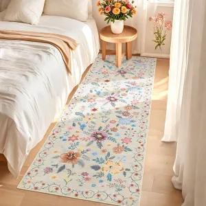 Floral Runner Rug 2x6 Washable Non Slip Ultra-Thin Indoor Kitchen Hallway Beige
