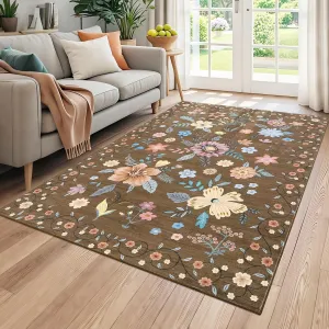 4x6 Area Rugs Boho Floral Washable Ultra-Thin Non Slip Indoor Home Decor Brown