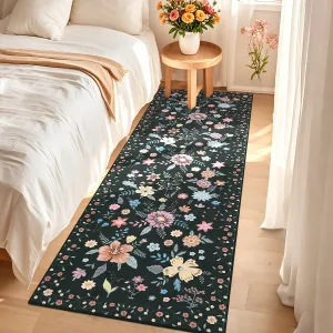 Runner Rug 2x6 Kitchen Runner Floral Rug Runners for Hallway Bedroom, Soft Ultra-Thin Indoor Low Pile Flower Carpet with Non Slip Backing, Black