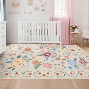 Floral 8x10 Large Area Rugs for Living Room, Ultra-Thin Soft Boho Flower Carpet Rug, Beige