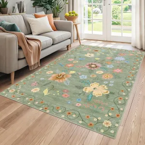 5x7 Washable Boho Floral Area Rug for Living Room, Kitchen, Bedroom, Nursery, Green, Soft Low Pile Carpet