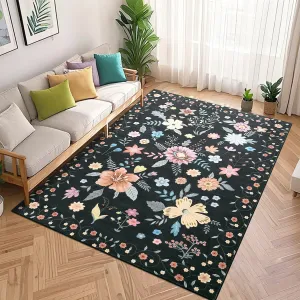 9x12 Area Rug Boho Floral Machine Washable Ultra-Thin Non Slip Low Pile Carpet Black for Living Room Bedroom Nursery