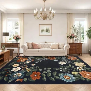 Floral Black 6x9 Area Rug Washable Living Room Rug, Non-Slip Non-Shedding Floor Carpet, Low Pile Foldable Stain-Resistant Printed Carpet for Bedroom Dining Room and Office