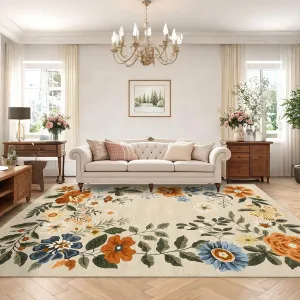 Floral Beige 8x10 Large Area Rug Washable Living Room Rug, Non-Slip Non-Shedding Floor Carpet, Low Pile Foldable Printed Carpet for Bedroom, Nursery, Office