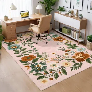 Floral Pink 8x10 Large Area Rug Washable Living Room Rug, Non-Slip Non-Shedding Floor Carpet, Low Pile Foldable Printed Carpet for Bedroom, Nursery, Office