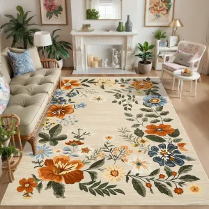 Floral Beige 4x6 Washable Area Rug, Non-Slip Non-Shedding Living Room Rug, Low Pile Stain-Resistant Throw Carpet, Foldable Printed Soft Carpet for Entryway, Office