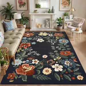 Floral Black 4x6 Washable Area Rug, Non-Slip Non-Shedding Living Room Rug, Low Pile Stain-Resistant Throw Carpet, Foldable Printed Soft Carpet for Entryway, Office