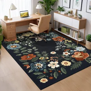 Floral Black 5x7 Living Room Rugs Washable Area Rug for Bedroom, Non-Slip Non-Shedding Floor Carpet, Low Pile Stain-Resistant Carpet, Foldable Printed Rug for Dinning Room Office