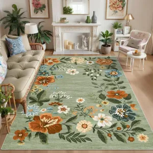 Floral Green 4x6 Washable Area Rug, Non-Slip Non-Shedding Living Room Rug, Low Pile Stain-Resistant Throw Carpet, Foldable Printed Soft Carpet for Entryway, Office