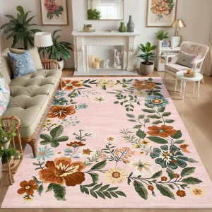 Floral Pink 5x7 Living Room Rugs Washable Area Rug for Bedroom, Non-Slip Non-Shedding Floor Carpet, Low Pile Stain-Resistant Carpet, Foldable Printed Rug for Dinning Room Office