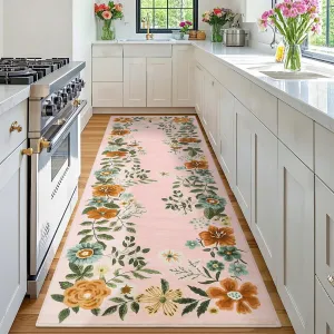 Floral Pink 2x6 Runner Rug Washable Rug, Non-Slip Non-Shedding Kitchen Carpet, Low Pile Stain-Resistant Foldable Soft Carpet for Entryway, Laundry Room, Bathroom