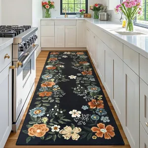 Floral Black 2x6 Runner Rug Washable Rug, Non-Slip Non-Shedding Kitchen Carpet, Low Pile Stain-Resistant Foldable Soft Carpet for Entryway, Laundry Room, Bathroom