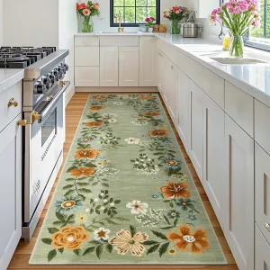 Floral Green 2x6 Runner Rug Washable Rug, Non-Slip Non-Shedding Kitchen Carpet, Low Pile Stain-Resistant Foldable Soft Carpet for Entryway, Laundry Room, Bathroom
