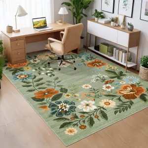 Floral Green 6x9 Area Rug  Washable Living Room Rug, Non-Slip Non-Shedding Floor Carpet, Low Pile Foldable Stain-Resistant Printed Carpet for Bedroom Dining Room and Office