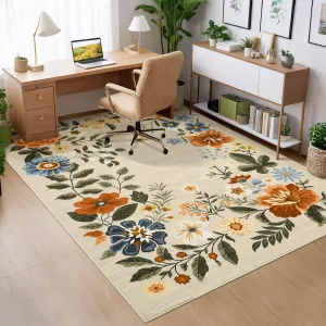 Floral Beige 6x9 Area Rug Washable Living Room Rug, Non-Slip Non-Shedding Floor Carpet, Low Pile Foldable Stain-Resistant Printed Carpet for Bedroom Dining Room and Office