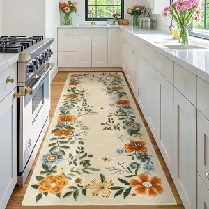 Floral Beige 2x6 Runner Rug Washable Rug, Non-Slip Non-Shedding Kitchen Carpet, Low Pile Stain-Resistant Foldable Soft Carpet for Entryway, Laundry Room, Bathroom