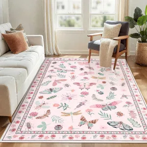 5x7 Pink Washable Rug Butterfly Print Low Pile Non-Slip Living Room Bedroom Dining Office