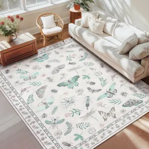 Large Living Room Rugs 10x13 Ultra-Soft Modern Floral Insect Accent Rug Beige Non-Slip Washable