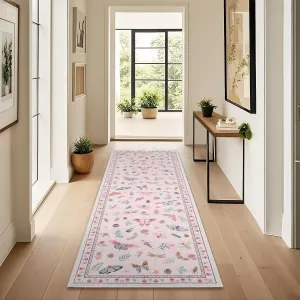 2x6 Runner Rug Floral Insect Pink Washable Non-Slip Low Pile Soft Carpet for Kitchen Hallway Laundry