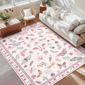 Floral Living Room Rug 10x13 Pink Washable Non-Slip Low Pile Butterfly Print Carpet