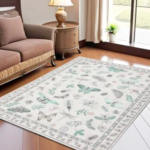 Large 9x12 Area Rug Farmhouse Insect Floral Dining Room Rugs, Stain-Resistant Butterfly Print, Foldable Ultra-Washable Beige