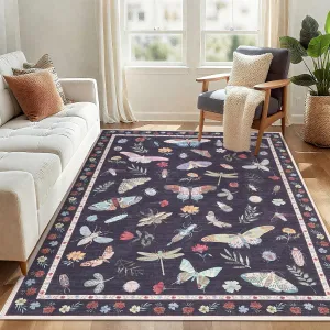 9x12 Washable Rug Modern Floral Insect Butterfly Print Non-Slip Black