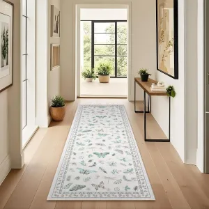Washable Runner Rug 2x6 Beige Floral Insect Print Non-Slip Stain-Resistant Indoor Mat