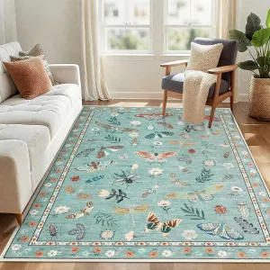 9x12 Washable Rug Modern Floral Insect Butterfly Print Non-Slip Area Rug Green