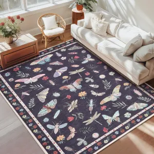 Living Room Rug 5x7 Washable Modern Floral Insect Carpet Non Slip Soft Black