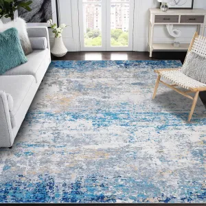 10x13 Modern Abstract Faux Wool Accent Rug, Low Pile, Blue/Grey, Living Room Bedroom Home Decor