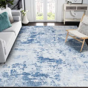 Living Room 8x10 Washable Modern Abstract Rug Faux Wool Ultra Soft Non Slip Blue