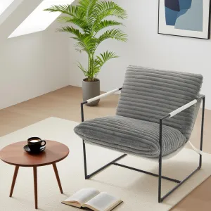 Modern Accent Chair, Comfy Living Room Chair with Metal Frame, Upholstered Armchair with Soft Cushion, Cozy Corduroy Sling Chair for Bedroom Balcony Lounge Reading Room, Dark Gray
