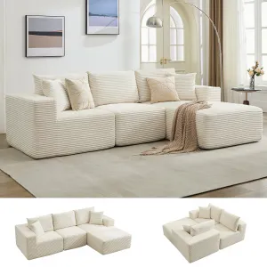 108” Boneless Cloud Sectional Sofa for Living Room, Compressed Modular L-Shaped Sofa with Deep Seat, Frameless Corduroy Couch in Boxes, No Assembly Required 3-Seater, Right-Beige