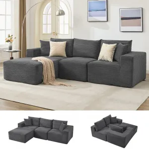108“ Boneless Cloud Sectional Sofa for Living Room, Compressed Modular L-Shaped Sofa with Deep Seat, Frameless Corduroy Couch in Boxes, No Assembly Required 3-Seater, Left-Grey