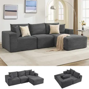 108” Boneless Cloud Sectional Sofa for Living Room, Compressed Modular L-Shaped Sofa with Deep Seat, Frameless Corduroy Couch in Boxes, No Assembly Required 3-Seater, Right-Grey