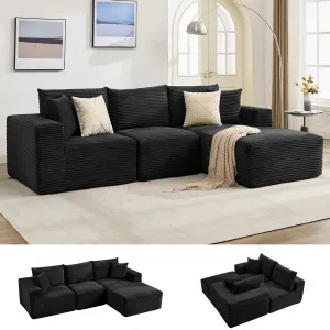 108” Boneless Cloud Sectional Sofa for Living Room, Compressed Modular L-Shaped Sofa with Deep Seat, Frameless Corduroy Couch in Boxes, No Assembly Required 3-Seater, Right-Black