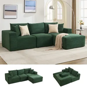 108 in Modular Sectional Sofa, Corduroy L-Shaped Sofa with Deep Seat & Throw Pillows, No Assembly, Comfy Cloud 3-Seater Couch with Chaise, Memory Foam Couch for Living Room, Right-Green