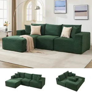 108” Boneless Cloud Sectional Sofa for Living Room, Compressed Modular L-Shaped Sofa with Deep Seat, Frameless Corduroy Couch in Boxes, No Assembly Required 3-Seater, Left-Green