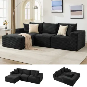 108“ Boneless Cloud Sectional Sofa for Living Room, Compressed Modular L-Shaped Sofa with Deep Seat, Frameless Corduroy Couch in Boxes, No Assembly Required 3-Seater, Left-Black
