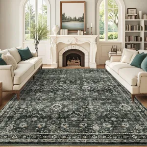 Vintage Area Rugs 8x10 Washable Floral Print Accent Carpet with Non-Slip Backing, Oriental Distressed Indoor Mat, Foldable Low Pile Floor Cover for Bedroom, Living Room, Green