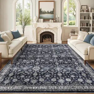 9x12 Vintage Area Rugs Washable Floral Print Accent Carpet Non-Slip Backing Indoor Mat Blue
