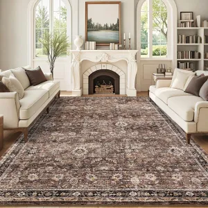 9x12 Vintage Area Rug Washable Floral Print Accent Carpet Non-Slip Backing Indoor Reddish Brown