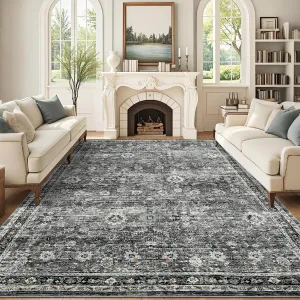 Vintage Area Rugs 8x10 Washable Floral Print Accent Carpet with Non-Slip Backing, Oriental Distressed Indoor Mat, Foldable Low Pile Floor Cover for Bedroom, Living Room, Grey Green