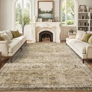 Vintage Area Rugs 9x12 Washable Floral Print Accent Carpet Non-Slip Backing Beige