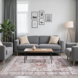 8x10 Area Rugs for Living Room - Soft Vintage Geometric Floral Design, Machine Washable, Anti-Slip TPR Backing, Durable Reinforced Edges, Home Decor for High-Traffic Areas