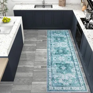Hallway Runner Rug - 2x6 Vintage Kitchen Runner Area Rugs, Non Skid, Washable, Low Pile, Rubber Backing Carpet for Laundry Room Entryway Bedroom Home Decor.Teal