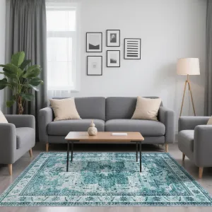 9x12 Area Rugs for Living Room - Soft Vintage Geometric Floral Design, Machine Washable, Anti-Slip TPR Backing, Durable Reinforced Edges, Home Decor for High-Traffic Areas.Teal