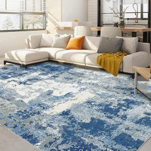 Washable 6x9 Modern Abstract Area Rug – Low Pile, Stain Resistant, Non-Slip Backing for Living Room, Bedroom, Dining Room, Blue